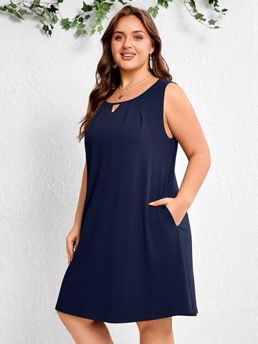 Image of AusLook Plus Size Summer Midi Dress for Women Sleeveless Casual A Line Swing Dress with Pockets Keyhole Neck Beach 1X-5X