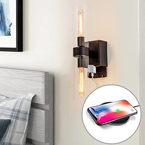 C Cattleya Bathroom Vanity Light Fixture With Gfci Outlets Indoor 2-Light Black Wall Sconce Light Wall Mounted Lamp With Cylinder Glass For Bathroom Bedside Living Room #TOP6