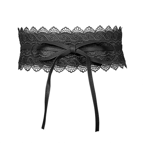 Black Lace Wide Waist Belt, PU Leather Women Obi Belt Adjustable Self Tie Waist Belt