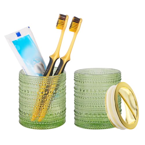 Tonxus Set di 2 portaspazzolino da denti in vetro verde, bicchiere da bagno da 283,5 g, porta spazzolino da denti dorato, organizer per accessori da bagno, spazzole, dentifricio, rasoio