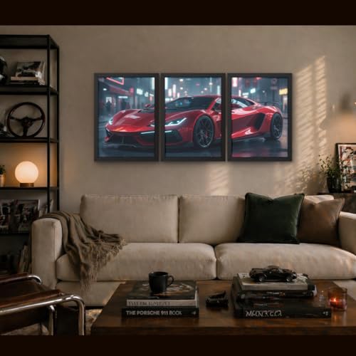 Image of BeauKraft Supercar Racing Poster Set for Wall - 3 Panel Split Posters (13x17 in Each, Framed), Sports Car Wall Art Decor for Boys Room, Living Room, Garage & Men's Bedroom (Framed - Red)