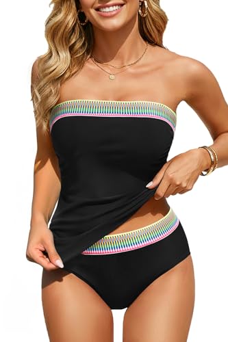 Daci Black Webbing Color Block Bandeau Tankini Swimsuits for Women - Two Piece Ruched Tummy Control Bathing Suit Strapless Swimwear with Bottom L