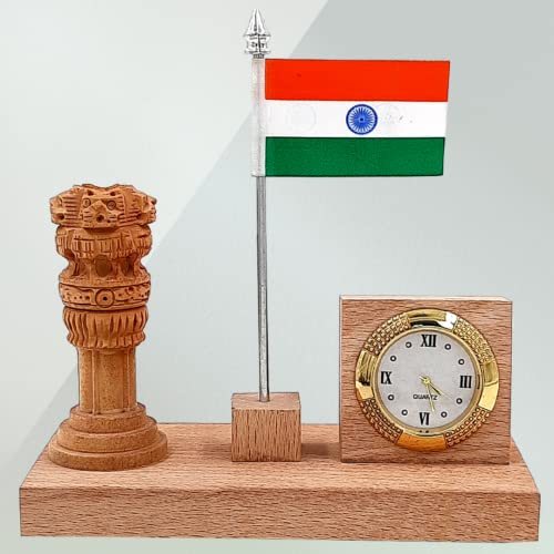 Image of Wood House Woodhouse Flag Stand For Office Table, Wooden Flag Stand With Ashoka Pillar & Clock, Wooden Flag Stand With Clock For Office Table Stylish, Office Flag Stand (Wh-54)
