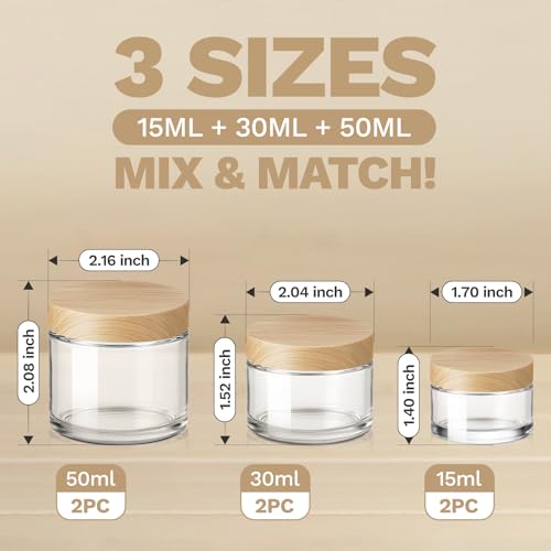 Bumobum 6-Pcs Glass Cosmetic Jars with Plastic Wood-Grain Lids – Refillable Travel Jars for Creams, Lotions, Skincare & DIY (15ml/30ml/50ml)2