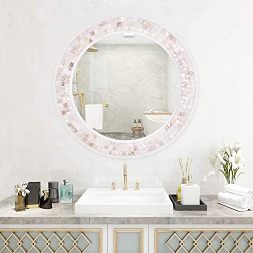 Tanmicoshomy Round Wall Mirror 20 Inch Circle Mosaic Mirror With Natural Mother Of Pearl And Wooden Frame, Hanging Decorative Wall Mirror,For Entryway, Living Room Or Bathroom（Nature White） #TOP6