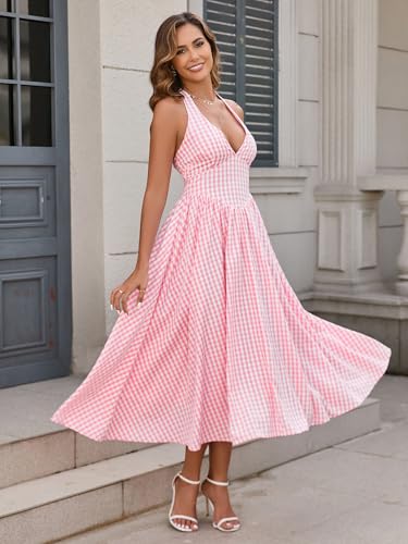 Image of Parthea Women's Gingham Halter V Neck Midi Dress Corset Smocked Sundress Flowy A Line Wedding Guest Dresses