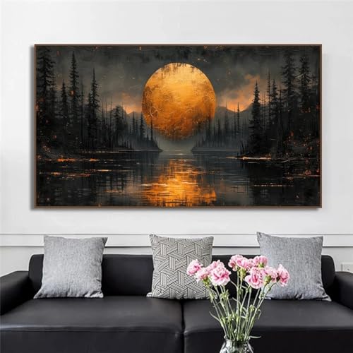 LIMAIDUO Golden Moon Tree Forest Lake Mountain Landscape Poster Canvas Painting Wall Art Pictures Home Bedroom Decor Prints 80x140cm Frameless