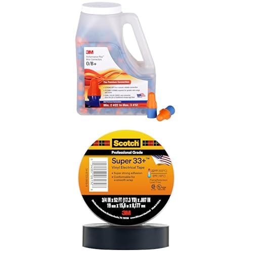 3M Performance Plus Wire Connector, O/B+JUG, Orange/Blue, Twist On, CSA Certified, UL Listed, Jug of 500, 22-12 AWG + Scotch Super 33+ Electrical Tape 3/4 in x 52 ft, Premium Grade, Black, 1 Roll