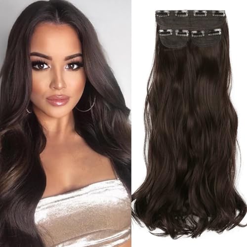 e estelle Clip in Hair Extensions for Women Synthetic Long Straight bodywave curly Hairpieces Thick Clip in Hair Extensions with Invisible Clips for lady girl (DARK BROWN 3PCS)