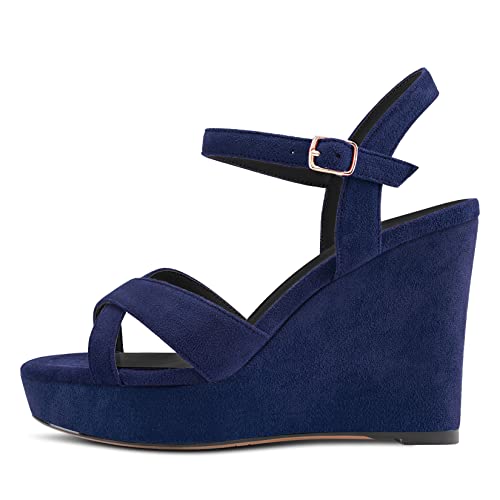 DearOnly Womens Wedge Heel Sandals Platform Peep Open Toe Ankle Strap Block Chunky High Heel Suede Dress Shoes 4 Inch2