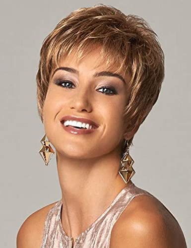 Tishining Short Brown Pixie Cut Wigs For Women With Bangs Dark Brown Mixed Blonde Wavy Layered Short Boy Cut Wig Natural Looking Synthetic Hair Replacement Wigs For Daily Party #TOP24