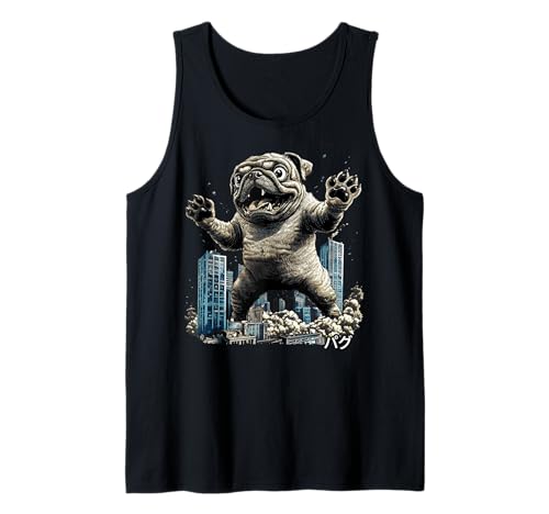 Funny Pug Dog Kaiju Monster Japonés Camiseta sin Mangas