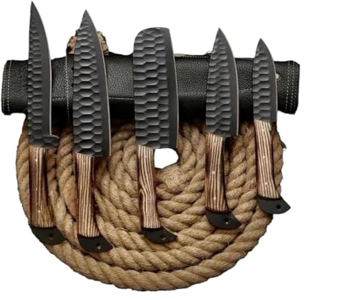 Handmade Damascus Steel Kitchen Knife Set – 5 Pcs Chef Knife Set with Sheath | Professional Sharp Kitchen Knives, Viking Style Cooking Knives, Unique Handmade Kitchen Gift for Men & Women
