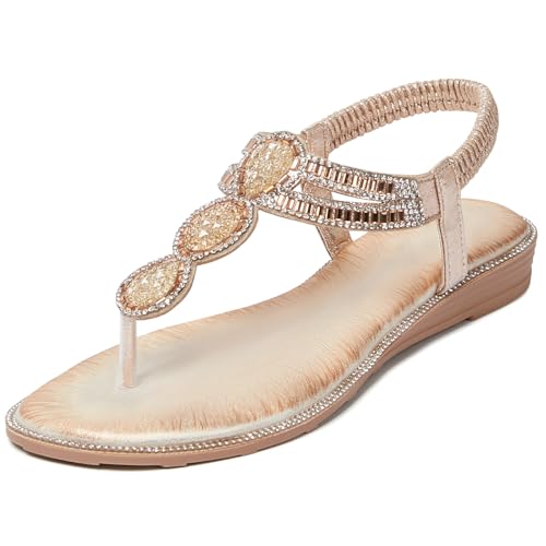 Image of iCKER Women Rhinestone Sandals T-Strap Buckle Bohemian Pearl Crystal Flat Sandals