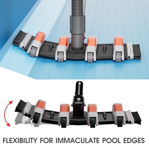 Image of TidyMister Flexible Weighted Pool Vacuum Head, Extra-Wide, Swivel Handle | 3.2LB,Side and Bottom Brushes,Non-Slip Wheels,Vinyl,Fiberglass and Concrete Pools,Fits 1-1 /2in Hoses and 1.25in Poles,Orange