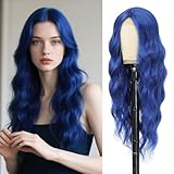 Angzon Dark Blue Wig 26 Inch Long Wavy Wig for Women - Heat Resistant Synthetic Hair Middle Part Curly Wig Natural Look for Daily Party Cosplay Costume Use
