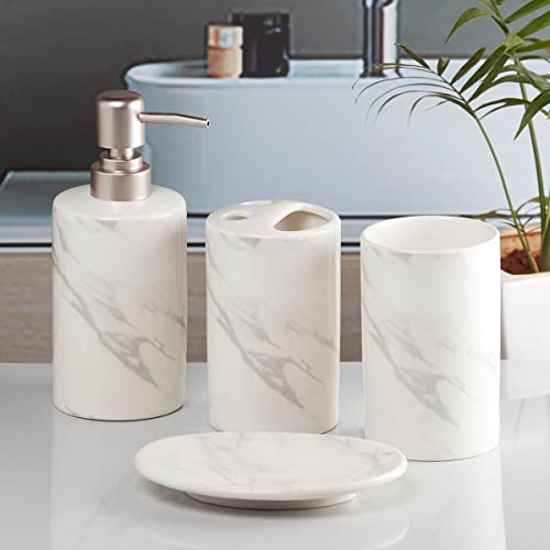 Image of SaSaSa Ceramic Bathroom Accessories Set of 4 Modern Bath Set with Soap Dispenser & Toothbrush Holder, Luxury Home & Gift Idea, White /Light Grey (8478)