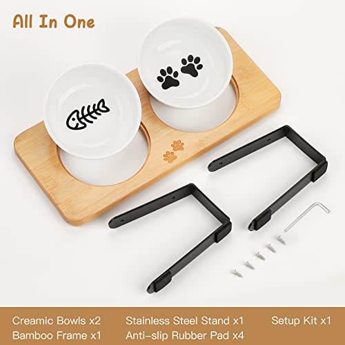 Comesoon CB-W02 Ceramic Elevated Cat Bowls, 10° Tilted Raised Cat Food Bowls For Food And Water, Indoor Cat Dishes With Bamboo Stand Anti Vomiting For Cats And Puppy, Pet Bowl Set thumb #7