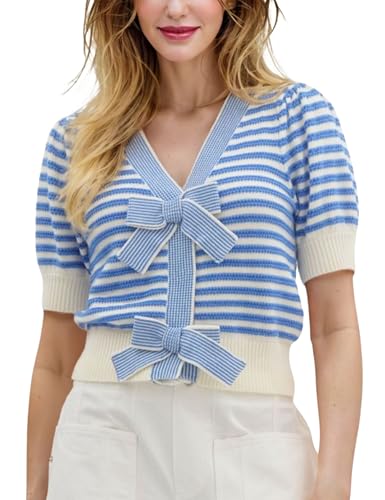 Image of InterNos Womens Bow Front Short Sleeves Sweater Classic Striped V Neck Cropped Knit Pullover Tops