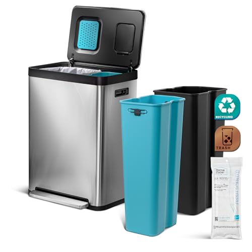 Home Zone Living 19 Gallon Kitchen Trash Can with Dual Compartments for Recycling, CleanAura Odor Control, Stainless Steel, Silver, 70 Liters Total