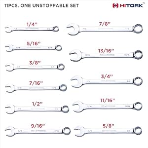 Hitork 11 Piece Combination Wrench Set with Roll Pouch, SAE Sizes (1/4" - 7/8"), Drop Forged Cr-V Steel, Chrome Plated Mirror Finish, 12 Point Box End, 15° Offset, Exceeds ANSI Standards — photo 2 of 6