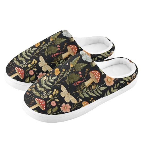 JUNZAN Mushroom Botanical Dragonflies Butterflies Womens Cotton House Slippers Comfy Memory Foam Hotel Slippers for Travel Christmas Presents 6-74