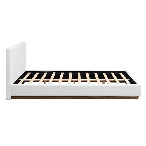 Image of Merax Queen Size Boucle Upholstered Bed Frame with Thick Headboard, Modern White Upholstery Platform Bed for Bedroom, Apartment, Solid Wooden Slats Support, No Box Spring Needed, Low Profile Design