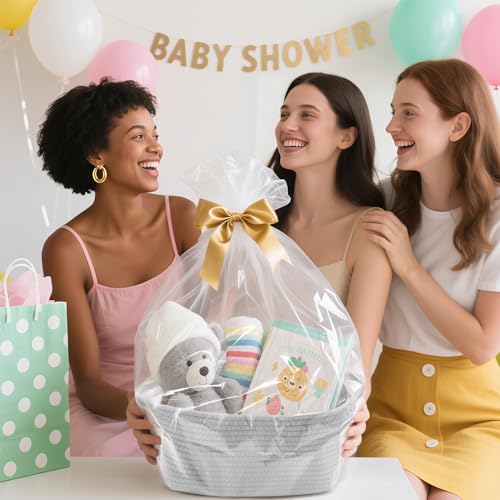 Image of Woven Basket with Gift Bags and Ribbons, 14 inchX 10 inch X 6 inch Storage Basket Grey | Gift Storage Organizer Basket Bin Shelf Shelves Cotton Rope Basket for Nursery, Pet Toys