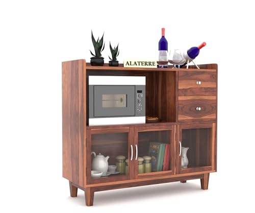 Image of Wood Kitchen Crockery Cabinet with Glass Door | Wooden Sideboard Cabinets Living Room | Crockery Unit, Dining Room Furniture, Chest of Drawers, Honey Finish
