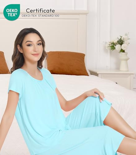 Image of NACHILA Pajamas for Women-Viscose Made from Bamboo,Short Sleeve Sleepwear Cooling Pjs Top with Capri Pants Pajama Sets