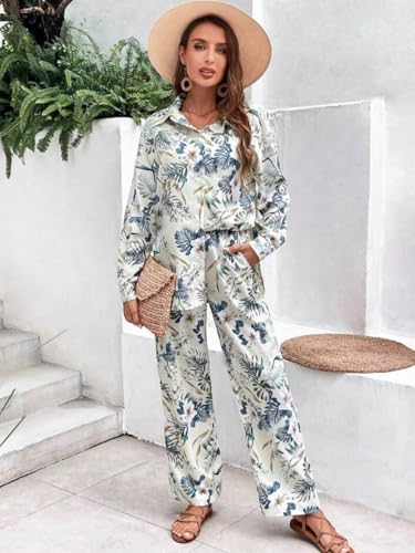 Image of Gufrina Women's Polyester Co-Ord Set with Button-Up Top & Wide Leg Pant 3 /4th Sleeves Collar Neck Printed Pattern Regular Fit and Standard Length