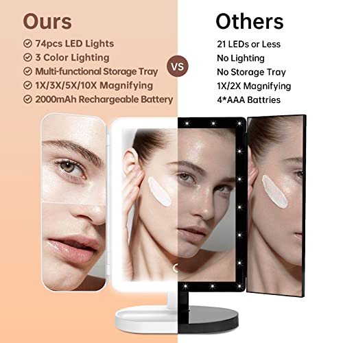 Gospire Trifold Makeup Mirror With Lights And Magnification 10X/5X/3X/1X, 74 Led Lights Lighted Magnifying Mirror With 3 Light Colors & Adjustable Brightness, Led Vanity Mirror For Women - White #TOP1