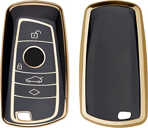 Image of Keyzone TPU car Key Cover Compatible for BMW X4, X3, 5 Series, 6 Series, 3 Series, 7 Series 4 Button smart Key (Type1) (Gold Black)