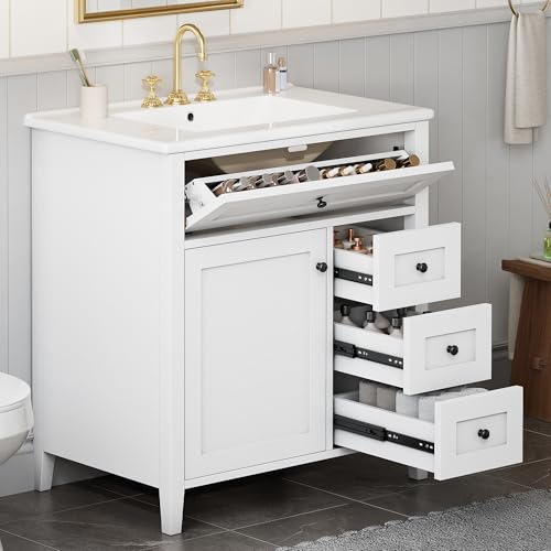 Image of 30 inch Bathroom Vanities with Top Set, Cabinet with Right-Side Multi-Functional Tip-Out Drawer and Adjustable Shelf, Soft-Closing Door, Solid Wood Legs, White