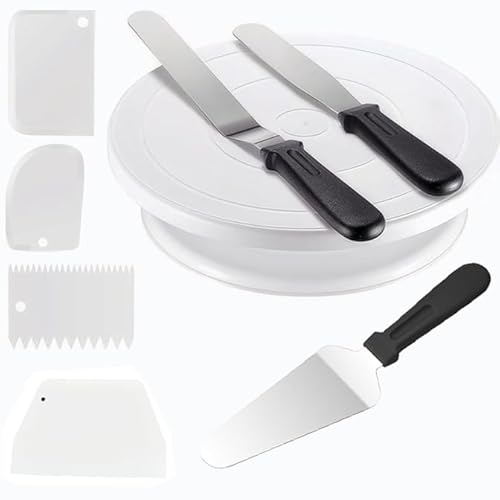 8-Piece White Cake Decorating Set: 1 Turntable, 3 Frosting Spatulas & 4 Icing Scrapers – Essential Baking Supplies for Enthusiasts and Professionals