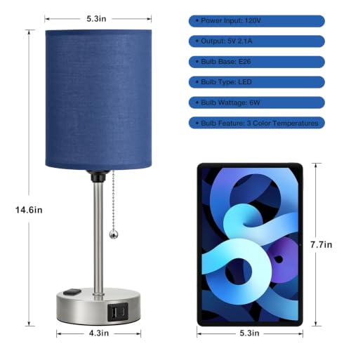 Image of Blue Bedside Table Lamp for Bedroom, Desk Lamp with USB Ports for Dorm