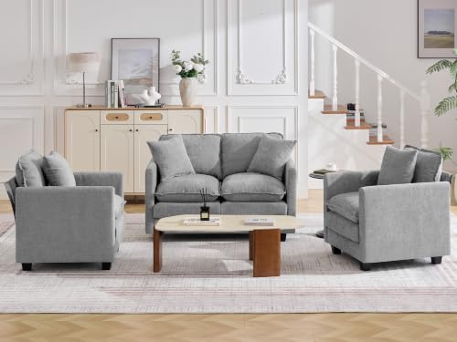 Image of Cloud 3 Pieces Sofa Set, 1+1+2 Seater Couch, Modern Sofas Sets with Deep Seat, Modular Sectional Couches Sets for Living Room, Bedroom, Small Apartment, Light Grey