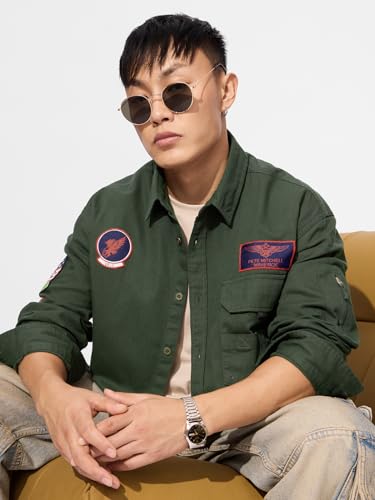 Image of The Souled Store Official Top Gun: Flight Crew Men and Boys Long Sleeves Collared Neck Button Front Green Patch Embroidery Regular Fit Cotton Shirts