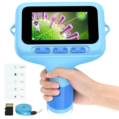 HUTACT Numérique Microscope Enfant Portable: Écran 3.0 1000X Rechargeable Microscope De Poche - 5 Lames de Verre de Qualité Laboratoire pour Enfant 6-12 Ans - Science Maison Voyage