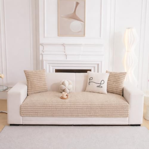 Image of HOMETHREADS 600GSM Thick & Soft Rabbit Fur Plush Sofa Cover-Luxurious Cozy Slipcover, Washable & Pet-Friendly, Anti-Scratch Protector for Sofas (Cream, 1 Seater Large| 90x70cm)