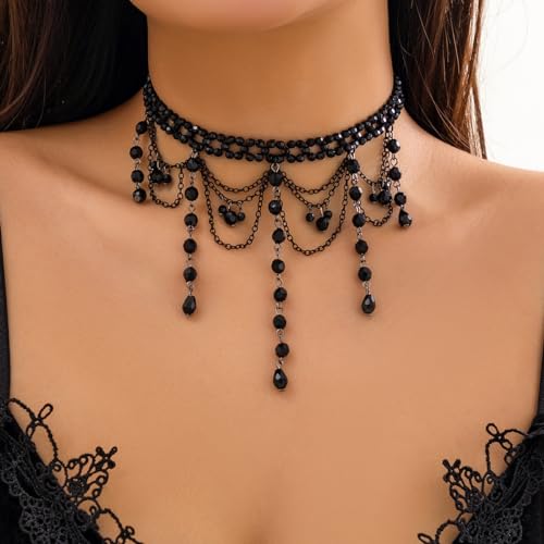 Chargances Vintage Crystal Beaded Long Pendant Necklace 90s Victorian Black Lace Choker Charm Layered Chain Necklace Jewelry for Women(Style 4)3