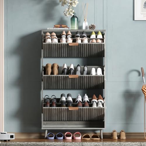 Image of Shoe Cabinet Storage,Modern Freestanding Organizer with 3 Flip Drawers,Narrow Shoe Rack Cabinet for Entryway,Grey