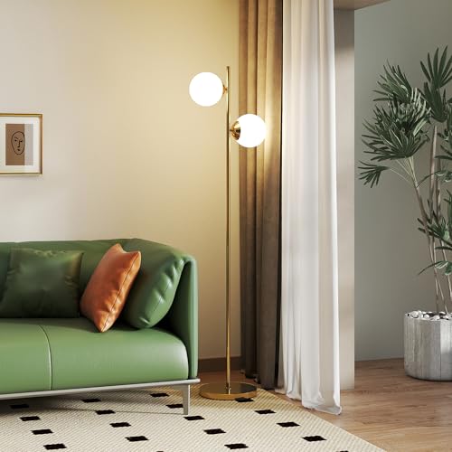 HOMCOM Lampada da Terra con 2 Luci e Paralumi a Sfera, Lampada a Piantana da Pavimento con Interruttore a Pedale, Attacco E27, 39x28x165 cm, Oro