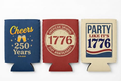 [12 Pack] USA 250th Anniversary Can Coolers (1776-2026) - Vintage Patriotic Beer Sleeves for America&rsquo;s Semiquincentennial 4th of July Party - Premium Neoprene Drink Holders for 12oz Cans