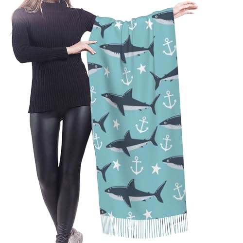 Shark Nautical Funny Anchor Pattern Tassel Scarf, Winter Warm Scarves Shawls Blanket For Women2