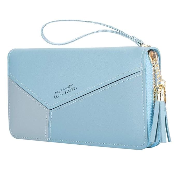 Women's PU Leather Wallet with Wrist Strap, Zip Around Clutch Purse, Multi-Card Holder, Coin Pocket & Cash Organizer for Girls & Women (Blue/Pink)-image-43