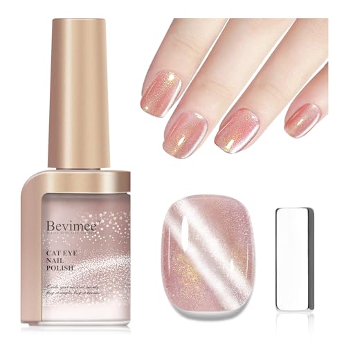 Bevimee Cat Eye Nail Polish Non Gel Quick Dry, Magnetic Cat Eye Polish Fingernail Gold Glitter Nail Lacquer No UV Required, Crystal Velvet Glass Shine For Nail Art Long Lasting