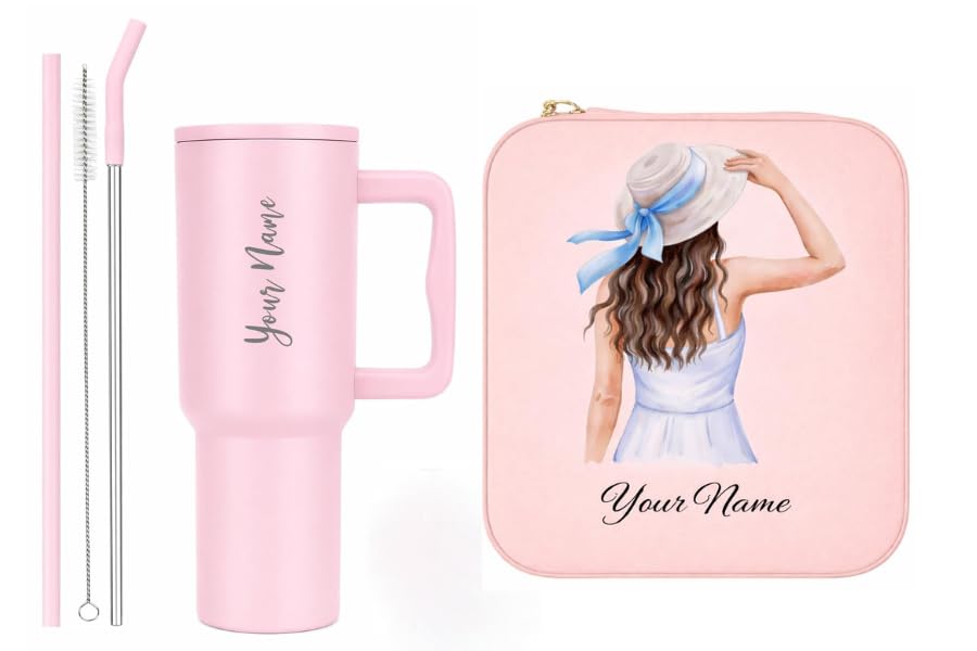 Image of Zephorus Personalized Stainless Steel Tumbler with Handle, 1200ml Capacity, Black Insulated Travel Mug with Straw, Custom Name Design (PU Pouch & 40oz Tumbler Pink)