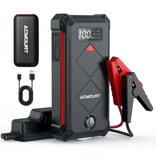 Acmount P100 Car Jump Starter, 5000A Peak Lithium Jump Starter Battery Pack for Up to 10.0L Gas or 8.0L Diesel Engine, Safe 12V Portable Battery Starter Power Pack with LED Screen & LED Light