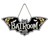 Bolisom Halloween The Bat Room Open 24 Hours Front Door Sign, Scary Wood Hanger Bathroom Toilet Restroom Home Decor, Horror Black Gold Wooden Wreath Indoor Wall Hanging Washroom Decoration